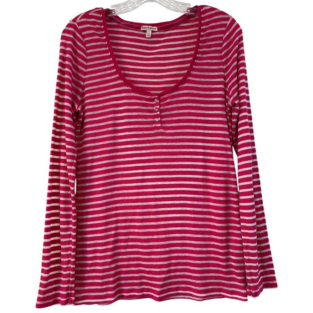 Juicy Couture Y2K Fitted Striped‎ Henley Tee Size XL Pink Babydoll Rhinestones